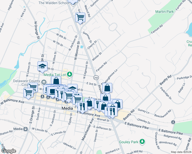 map of restaurants, bars, coffee shops, grocery stores, and more near 329 Providence Road in Media