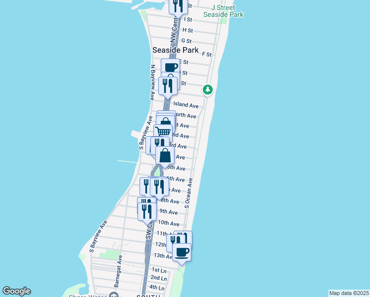 map of restaurants, bars, coffee shops, grocery stores, and more near 8 3rd Avenue in Seaside Park
