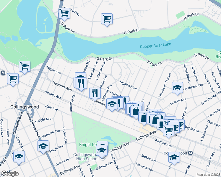 map of restaurants, bars, coffee shops, grocery stores, and more near 113 Hillcrest Avenue in Collingswood