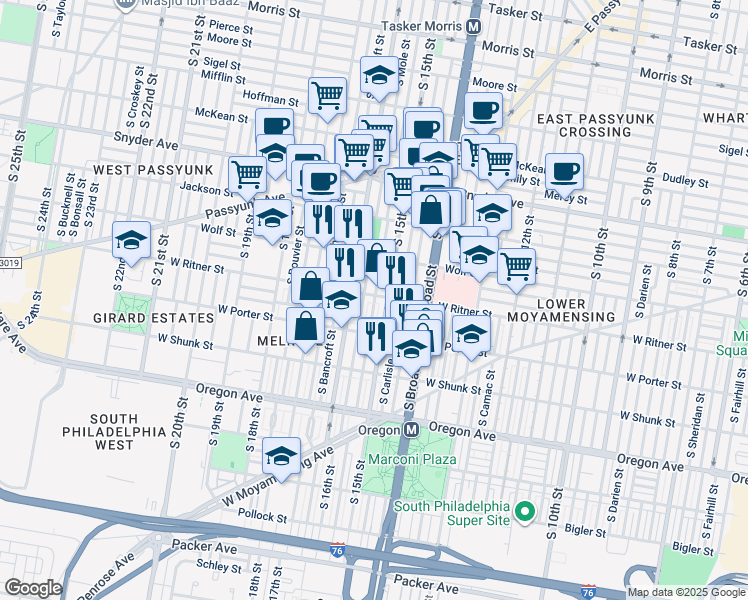 map of restaurants, bars, coffee shops, grocery stores, and more near 1507 West Ritner Street in Philadelphia