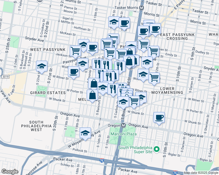 map of restaurants, bars, coffee shops, grocery stores, and more near 1507 West Ritner Street in Philadelphia