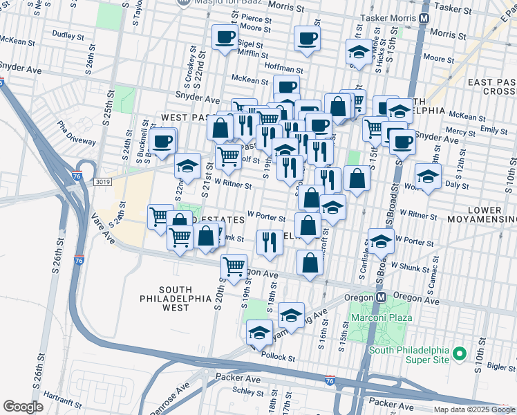 map of restaurants, bars, coffee shops, grocery stores, and more near 1855 Roseberry Street in Philadelphia