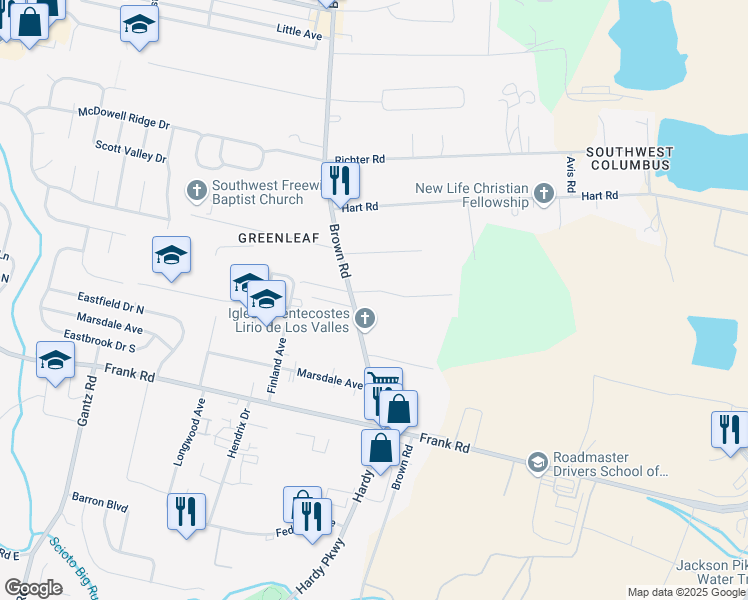 map of restaurants, bars, coffee shops, grocery stores, and more near 1710 Brown Road in Columbus