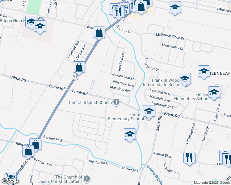 map of restaurants, bars, coffee shops, grocery stores, and more near 1984 Westfield Drive in Columbus