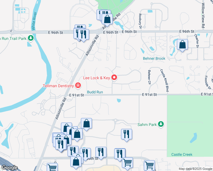 map of restaurants, bars, coffee shops, grocery stores, and more near 9153 Budd Run Drive in Indianapolis