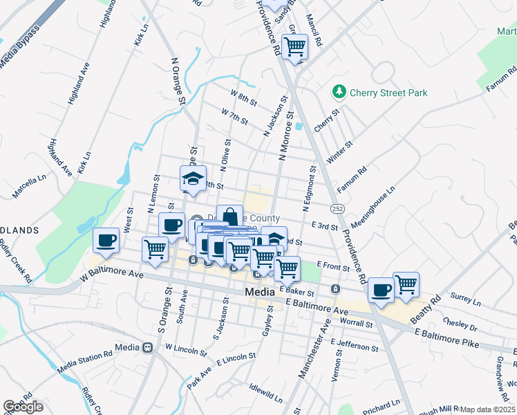 map of restaurants, bars, coffee shops, grocery stores, and more near 301 North Jackson Street in Media