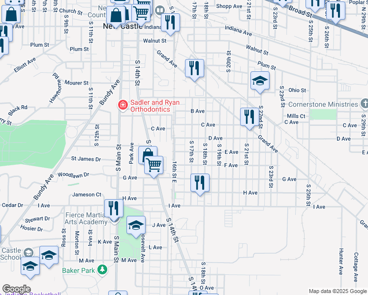 map of restaurants, bars, coffee shops, grocery stores, and more near 1620 E Avenue in New Castle