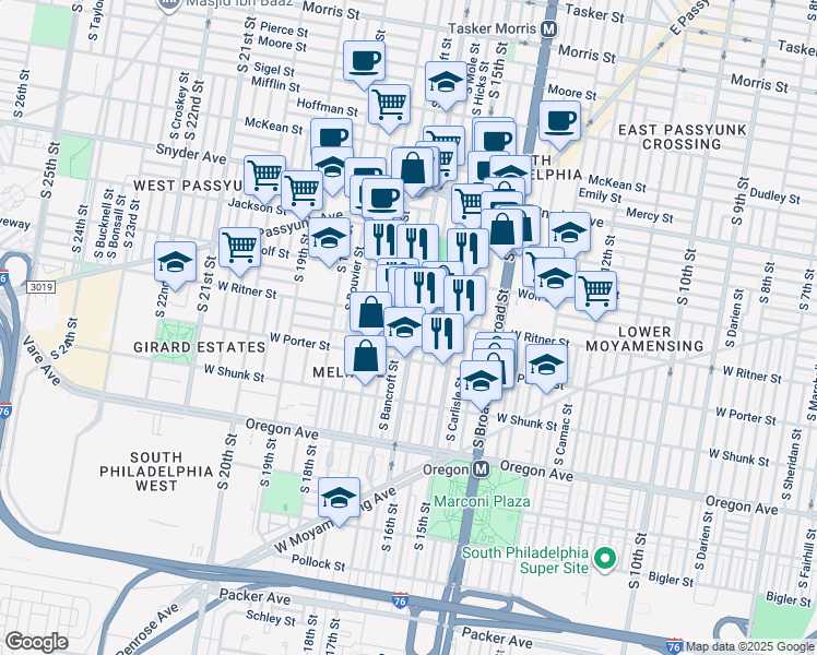 map of restaurants, bars, coffee shops, grocery stores, and more near 2408 South 16th Street in Philadelphia