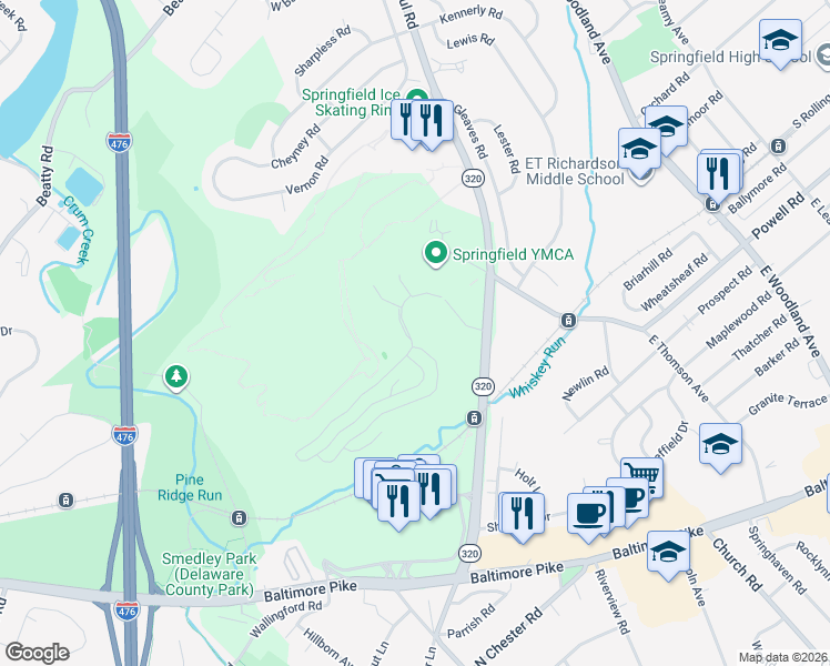 map of restaurants, bars, coffee shops, grocery stores, and more near 1291 Country Club Drive in Springfield
