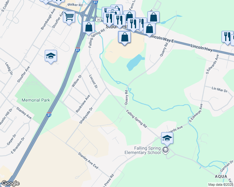 map of restaurants, bars, coffee shops, grocery stores, and more near 539 Falling Spring Road in Chambersburg