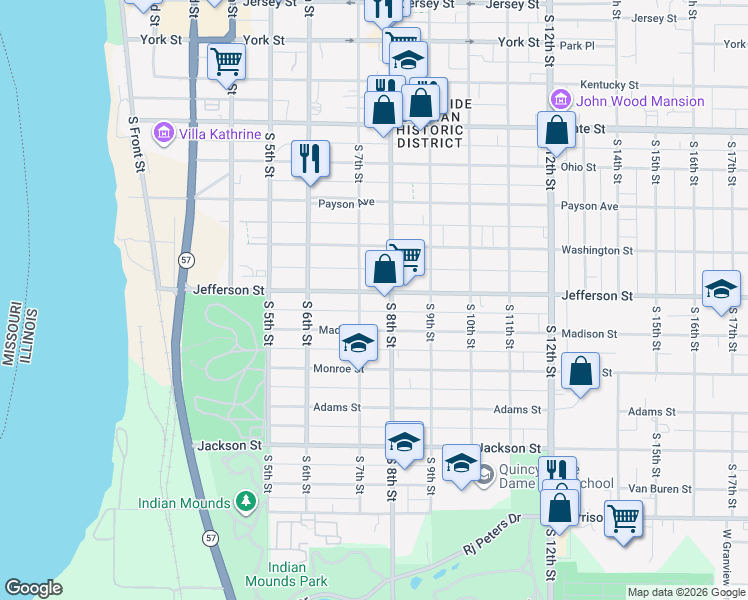 map of restaurants, bars, coffee shops, grocery stores, and more near 716 Jefferson Street in Quincy