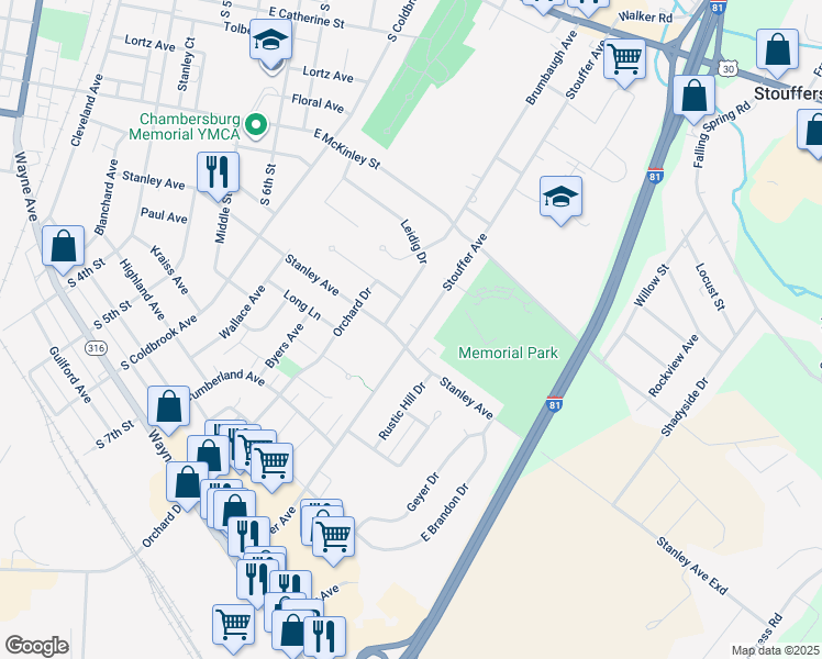 map of restaurants, bars, coffee shops, grocery stores, and more near 769 Stouffer Avenue in Chambersburg