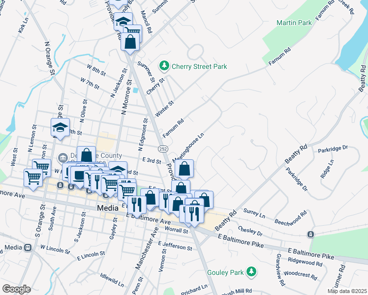 map of restaurants, bars, coffee shops, grocery stores, and more near 351 Meetinghouse Lane in Media