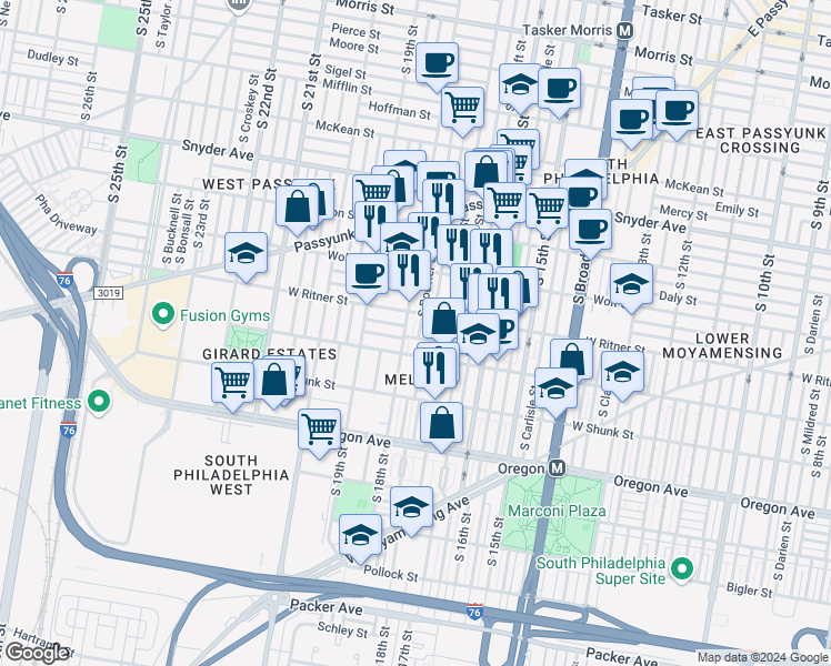 map of restaurants, bars, coffee shops, grocery stores, and more near 2426 South Bouvier Street in Philadelphia