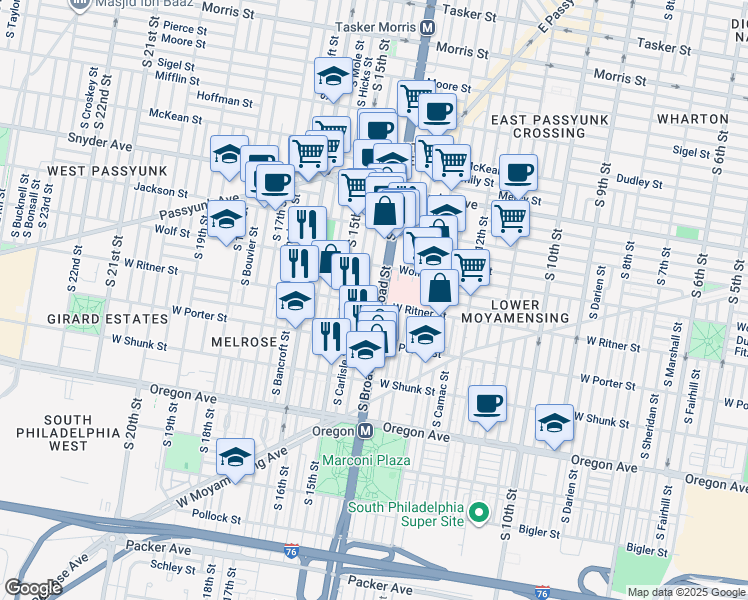 map of restaurants, bars, coffee shops, grocery stores, and more near in Philadelphia