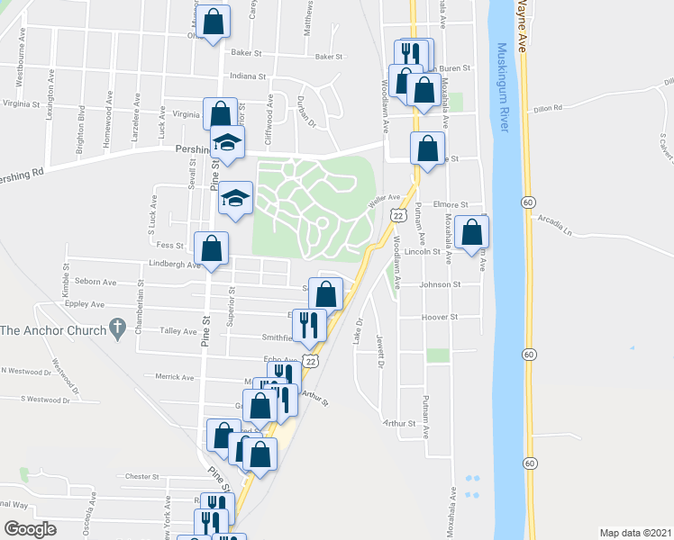 map of restaurants, bars, coffee shops, grocery stores, and more near 333 Spence Avenue in Zanesville