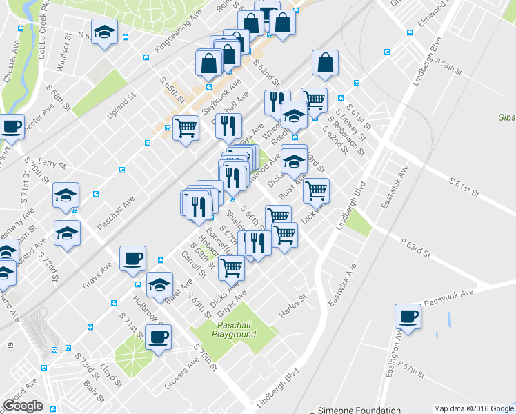 map of restaurants, bars, coffee shops, grocery stores, and more near 6528 Theodore Street in Philadelphia