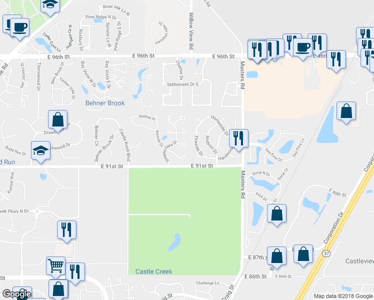 map of restaurants, bars, coffee shops, grocery stores, and more near 6721 Huntsmen Court in Indianapolis