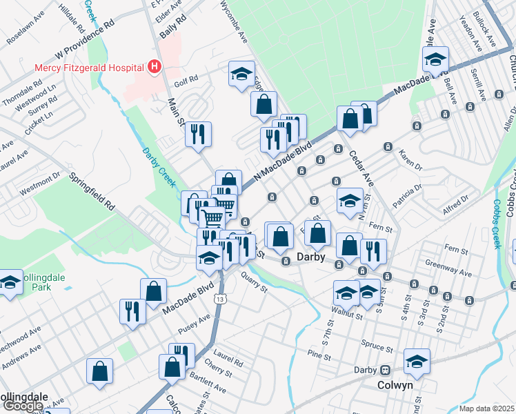 map of restaurants, bars, coffee shops, grocery stores, and more near 33 North 10th Street in Darby