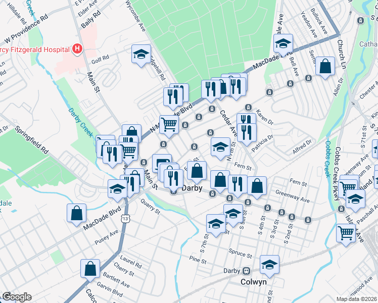 map of restaurants, bars, coffee shops, grocery stores, and more near N 9th St & Maple Terrace in Darby