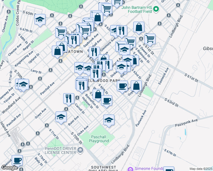 map of restaurants, bars, coffee shops, grocery stores, and more near 6528 Theodore Street in Philadelphia