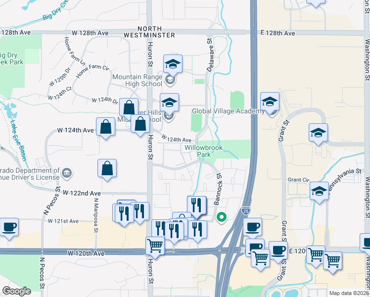 map of restaurants, bars, coffee shops, grocery stores, and more near 541 West 123rd Avenue in Denver