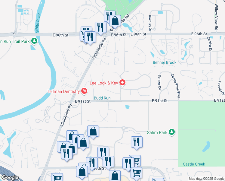 map of restaurants, bars, coffee shops, grocery stores, and more near 9153 Budd Run Drive in Indianapolis