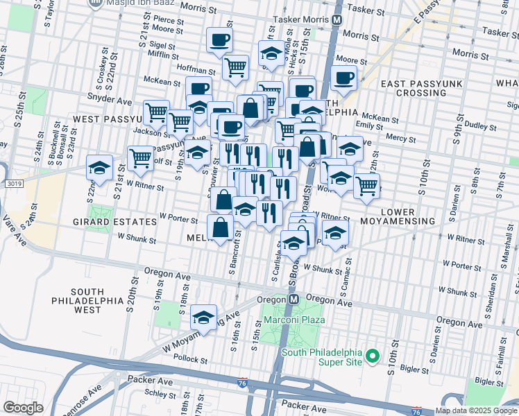 map of restaurants, bars, coffee shops, grocery stores, and more near 1540 West Ritner Street in Philadelphia