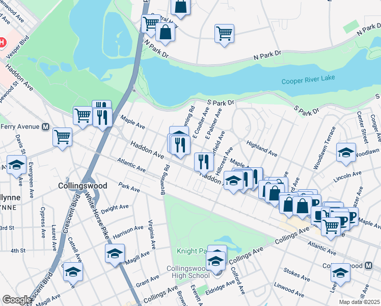 map of restaurants, bars, coffee shops, grocery stores, and more near 40 East Coulter Avenue in Collingswood
