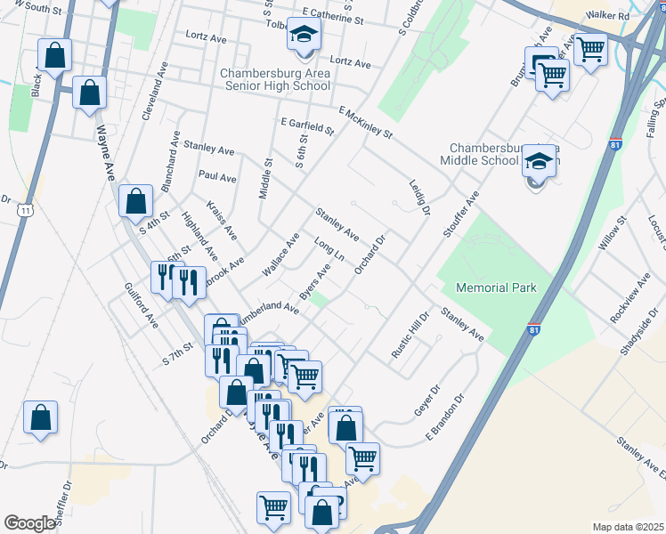 map of restaurants, bars, coffee shops, grocery stores, and more near 950 Byers Avenue in Chambersburg