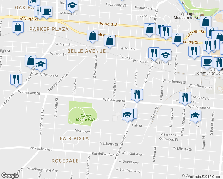 map of restaurants, bars, coffee shops, grocery stores, and more near 331 South Shaffer Street in Springfield