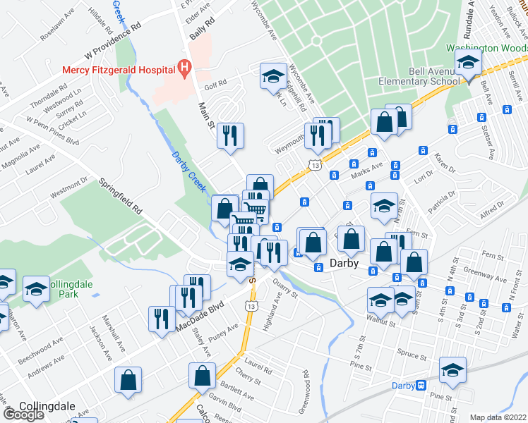 map of restaurants, bars, coffee shops, grocery stores, and more near 1026 Main Street in Darby