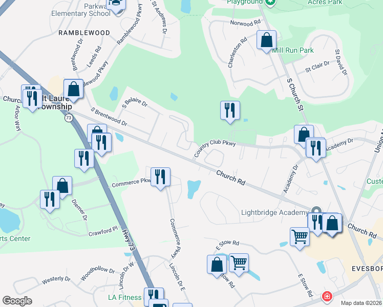 map of restaurants, bars, coffee shops, grocery stores, and more near 207 Augusta Circle in Mount Laurel Township