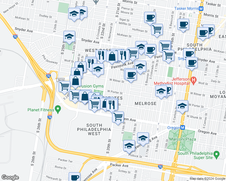 map of restaurants, bars, coffee shops, grocery stores, and more near 2452 South Woodstock Street in Philadelphia