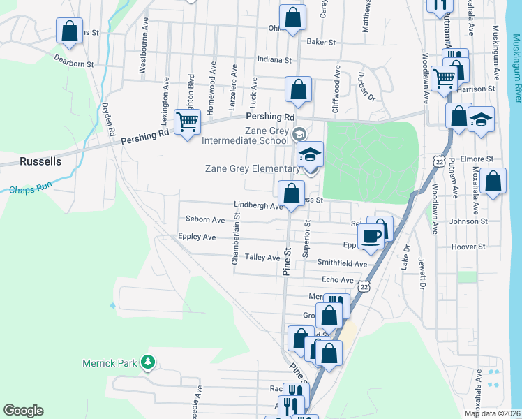 map of restaurants, bars, coffee shops, grocery stores, and more near 922 Lindbergh Avenue in Zanesville