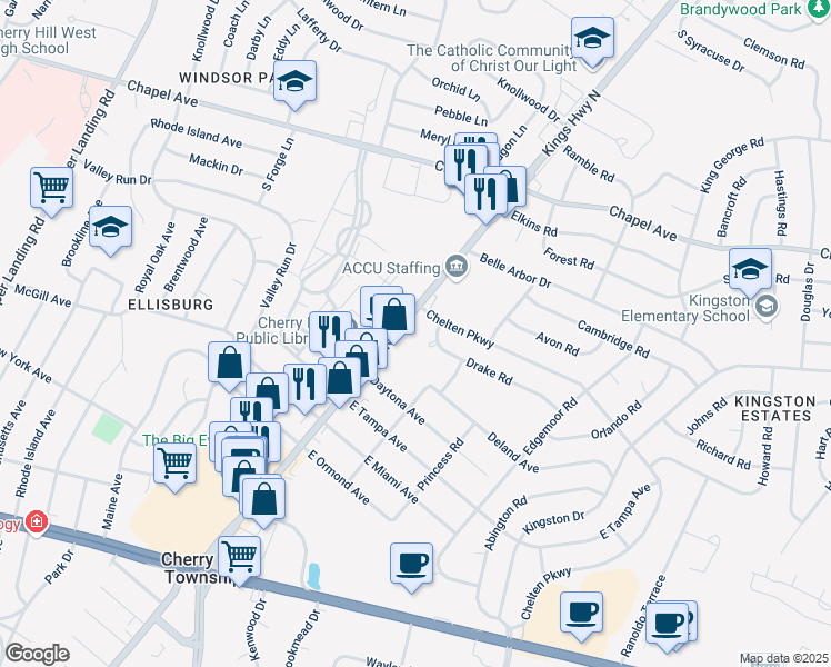 map of restaurants, bars, coffee shops, grocery stores, and more near 1001 Kings Highway North in Cherry Hill