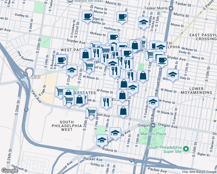 map of restaurants, bars, coffee shops, grocery stores, and more near 1825 Roseberry Street in Philadelphia