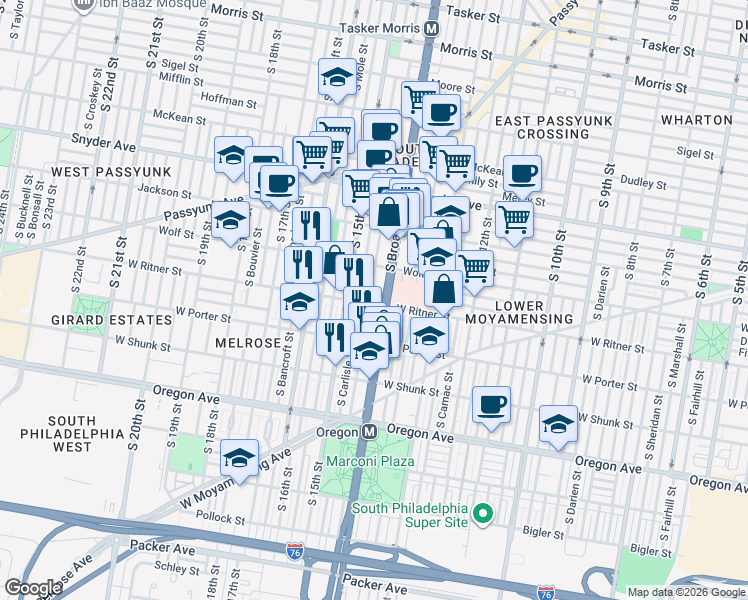 map of restaurants, bars, coffee shops, grocery stores, and more near in Philadelphia
