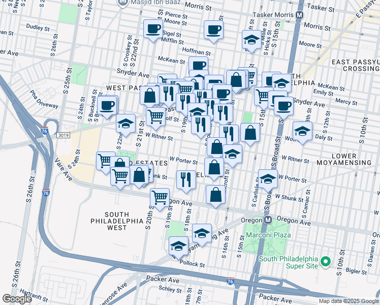 map of restaurants, bars, coffee shops, grocery stores, and more near 1825 Roseberry Street in Philadelphia