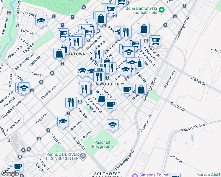 map of restaurants, bars, coffee shops, grocery stores, and more near 6526 Theodore Street in Philadelphia
