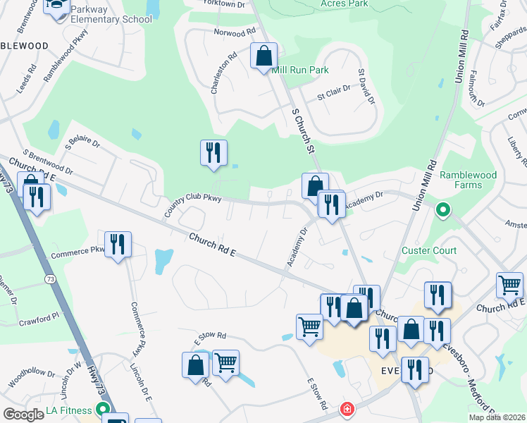 map of restaurants, bars, coffee shops, grocery stores, and more near 807 Country Club Parkway in Mount Laurel Township