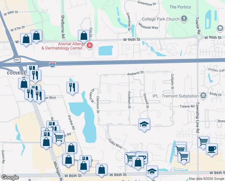 map of restaurants, bars, coffee shops, grocery stores, and more near 3125 Albright Court in Indianapolis