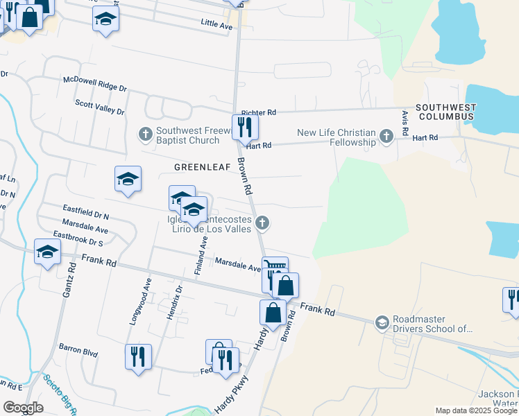 map of restaurants, bars, coffee shops, grocery stores, and more near 1710 Brown Road in Columbus