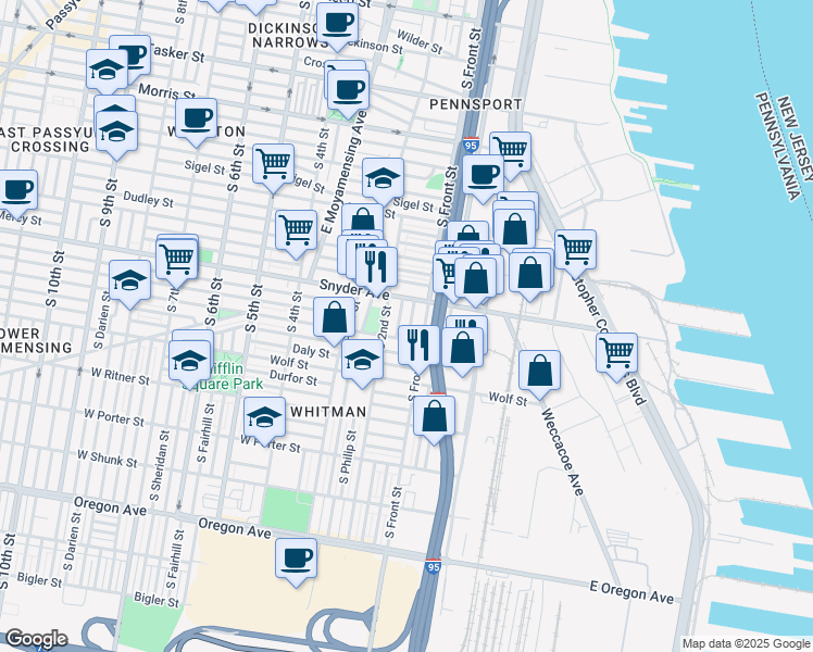 map of restaurants, bars, coffee shops, grocery stores, and more near 2126 South Front Street in Philadelphia
