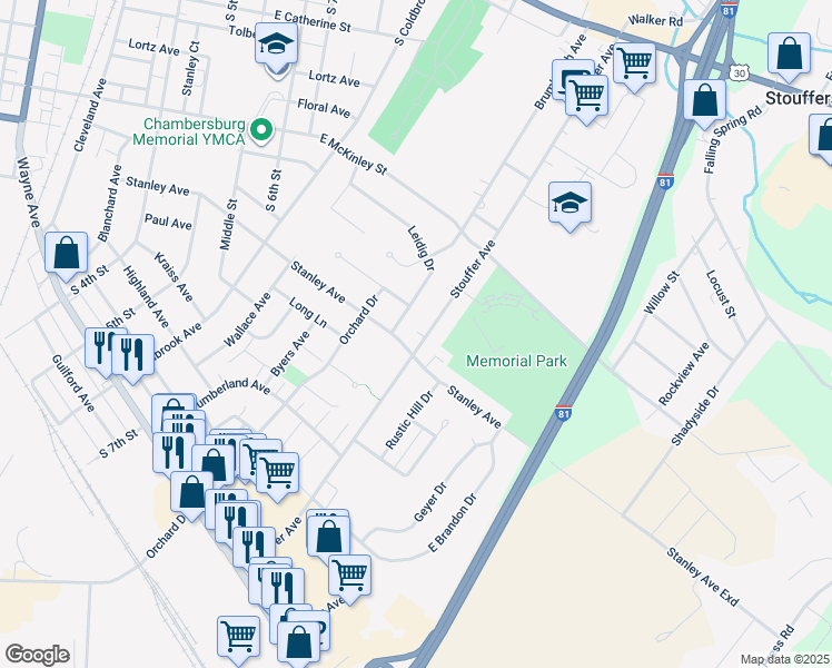 map of restaurants, bars, coffee shops, grocery stores, and more near 769 Stouffer Avenue in Chambersburg