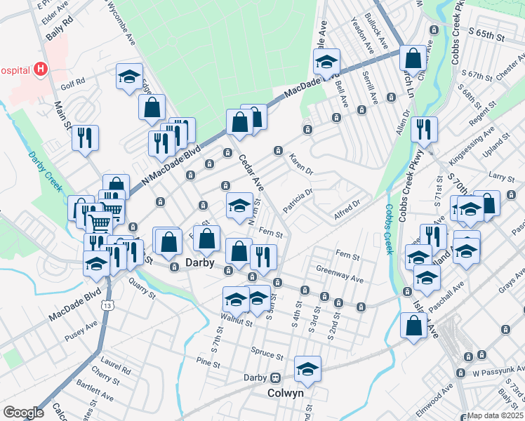 map of restaurants, bars, coffee shops, grocery stores, and more near 236 Wright Avenue in Darby