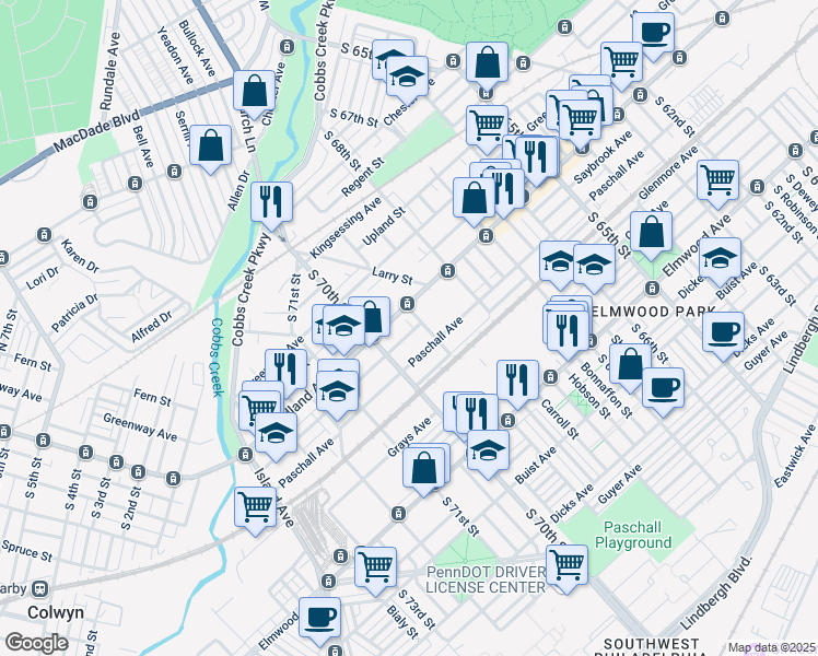 map of restaurants, bars, coffee shops, grocery stores, and more near 6915 Saybrook Avenue in Philadelphia