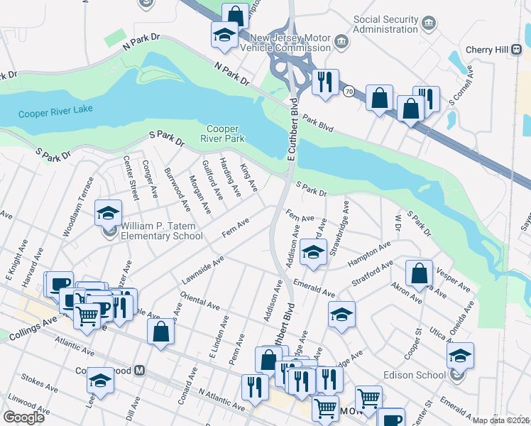 map of restaurants, bars, coffee shops, grocery stores, and more near 232 Fern Avenue in Collingswood