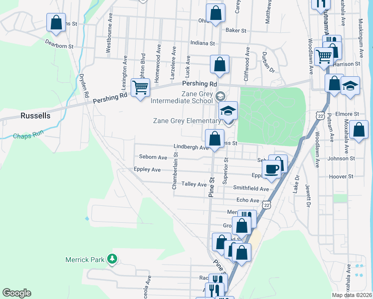 map of restaurants, bars, coffee shops, grocery stores, and more near 922 Lindbergh Avenue in Zanesville