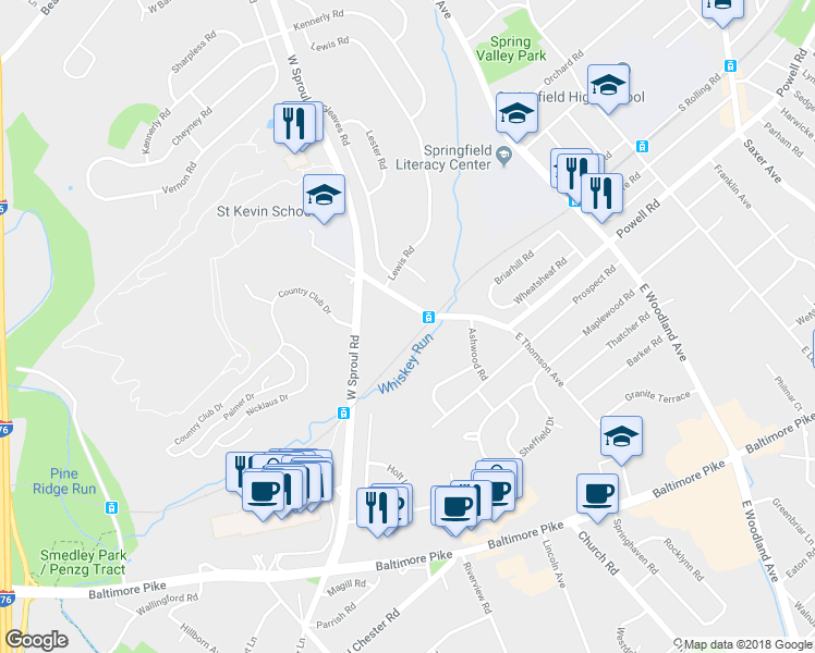 map of restaurants, bars, coffee shops, grocery stores, and more near 4 West Thompson Avenue in Springfield